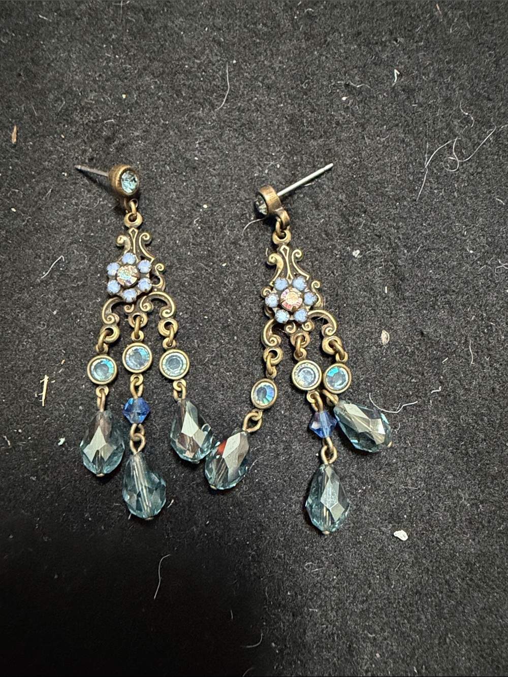 Source Unknown Antique-Gold Chandelier Earrings with Blue Crystals